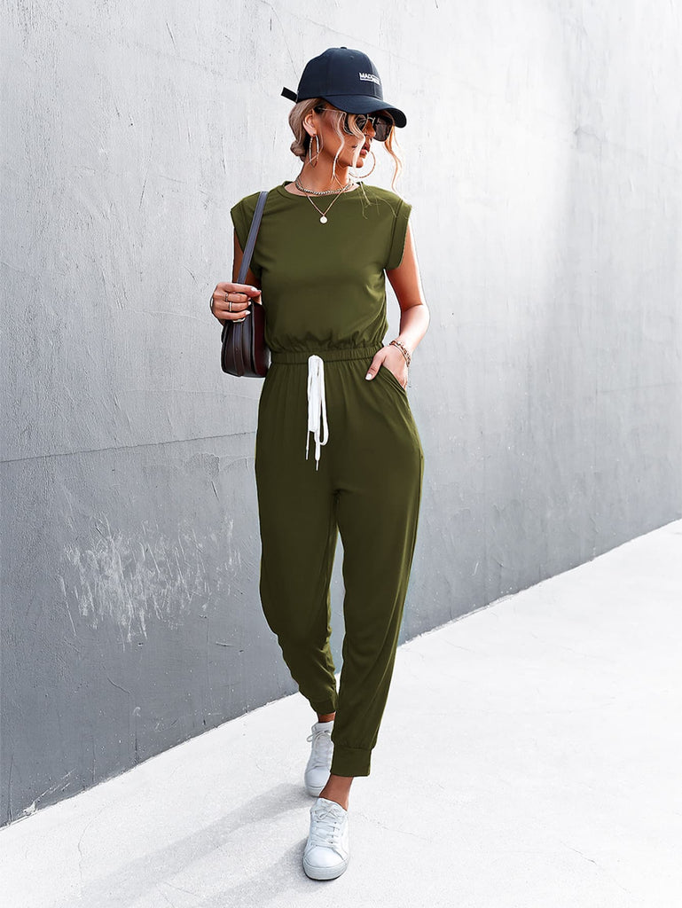 Round Neck Cap Sleeve Jumpsuit Trendsi