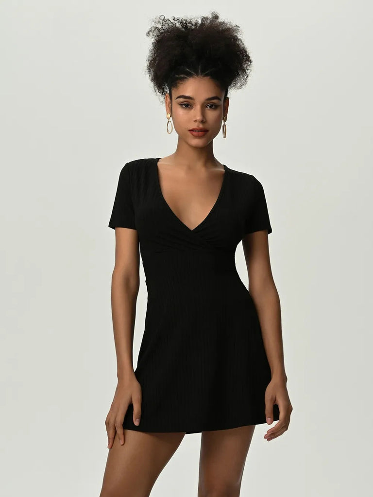 Deep V Short Sleeve Mini Dress Trendsi