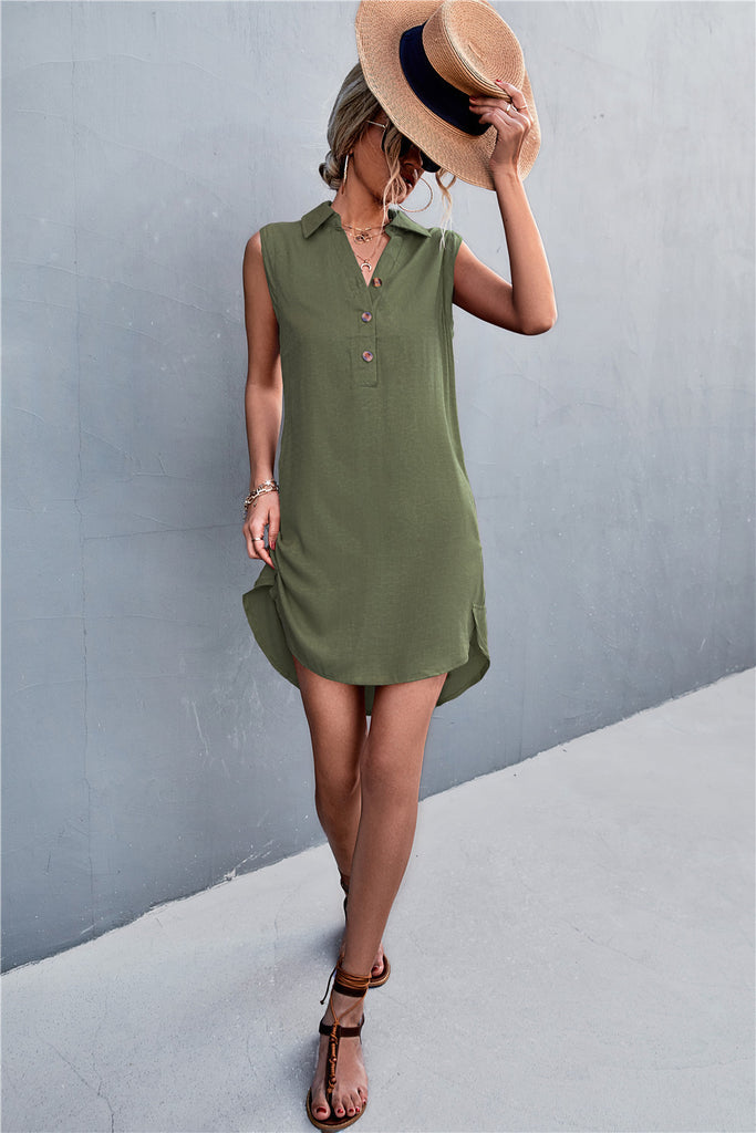 Buttoned Johnny Collar Sleeveless Dress Trendsi