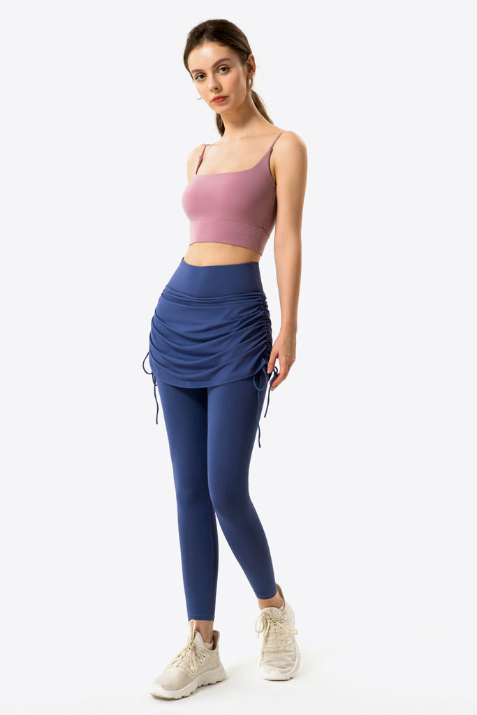 Drawstring Ruched Faux Layered Yoga Leggings Trendsi