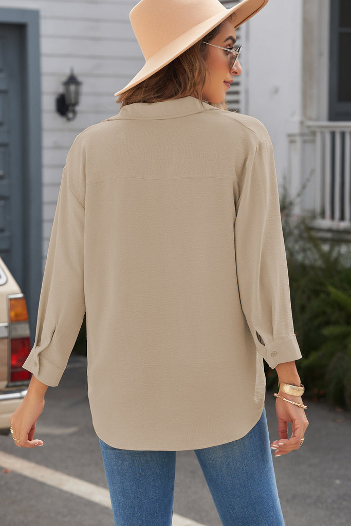 Textured Johnny Collar Three-Quarter Sleeve Blouse Trendsi