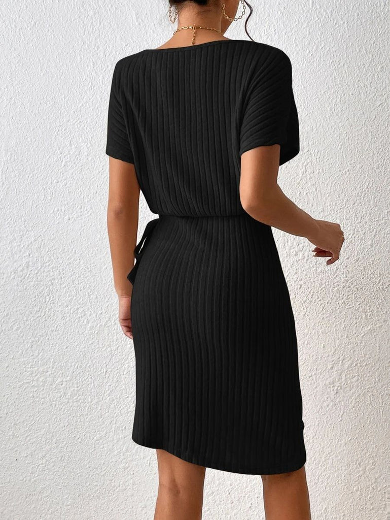 Ribbed Boat Neck Short Sleeve Dress Trendsi