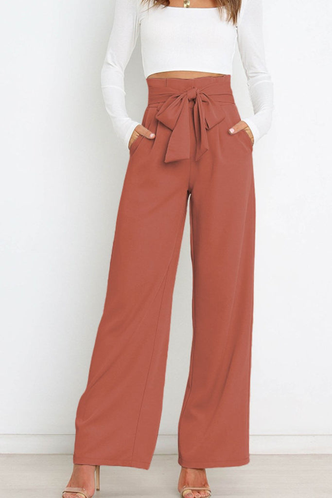 Tie Front Paperbag Wide Leg Pants Trendsi