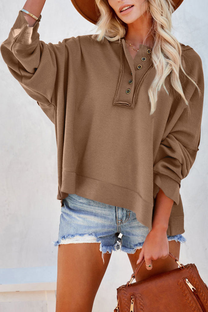 Quarter-Button Exposed Seam Dropped Shoulder Hoodie Trendsi