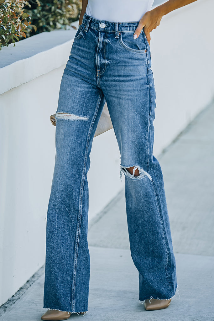 High-Rise Distressed Raw Hem Jeans Trendsi