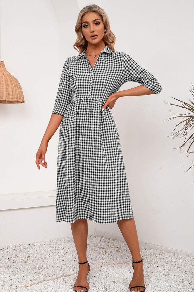 Plaid Collared Neck Midi Dress Trendsi