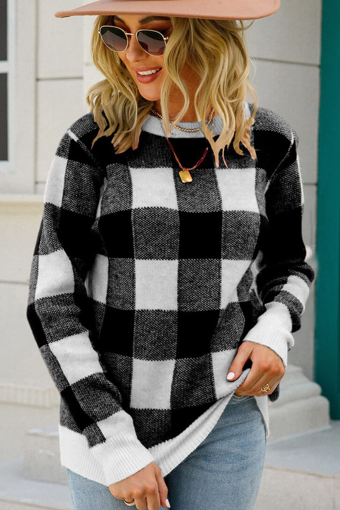 Checkered Ribbed Trim Knit Pullover Trendsi