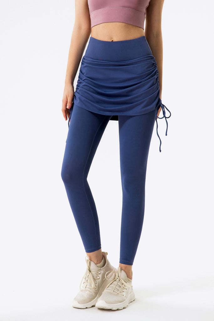 Drawstring Ruched Faux Layered Yoga Leggings Trendsi