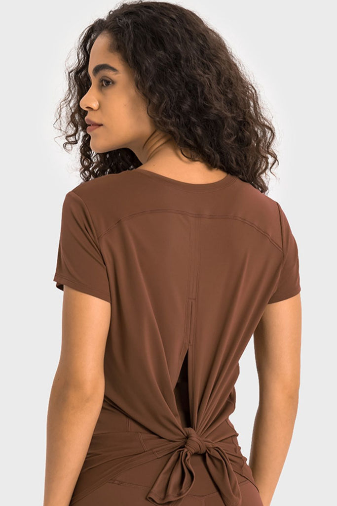 Tie Back Short Sleeve Sports Tee Trendsi