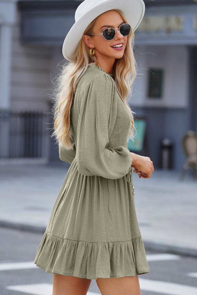 Smocked Tied Balloon Sleeve Mini Dress Trendsi