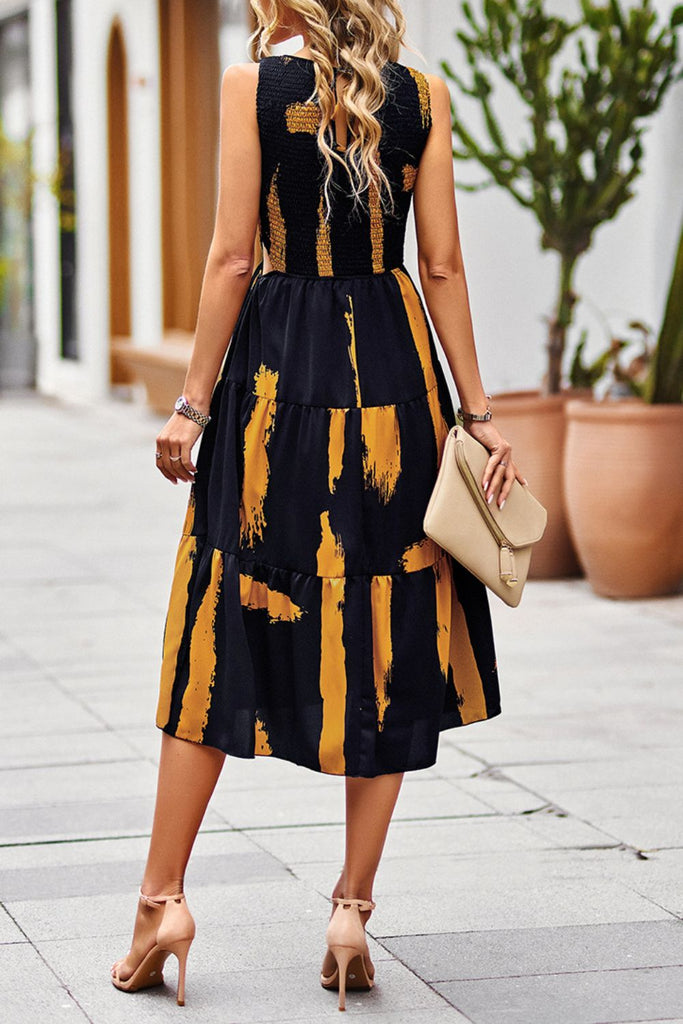 Printed Round Neck Slit Sleeveless Dress Trendsi