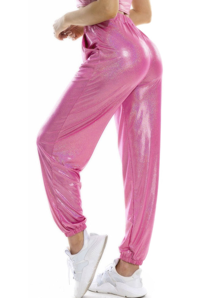 Glitter Elastic Waist Pants with Pockets Trendsi