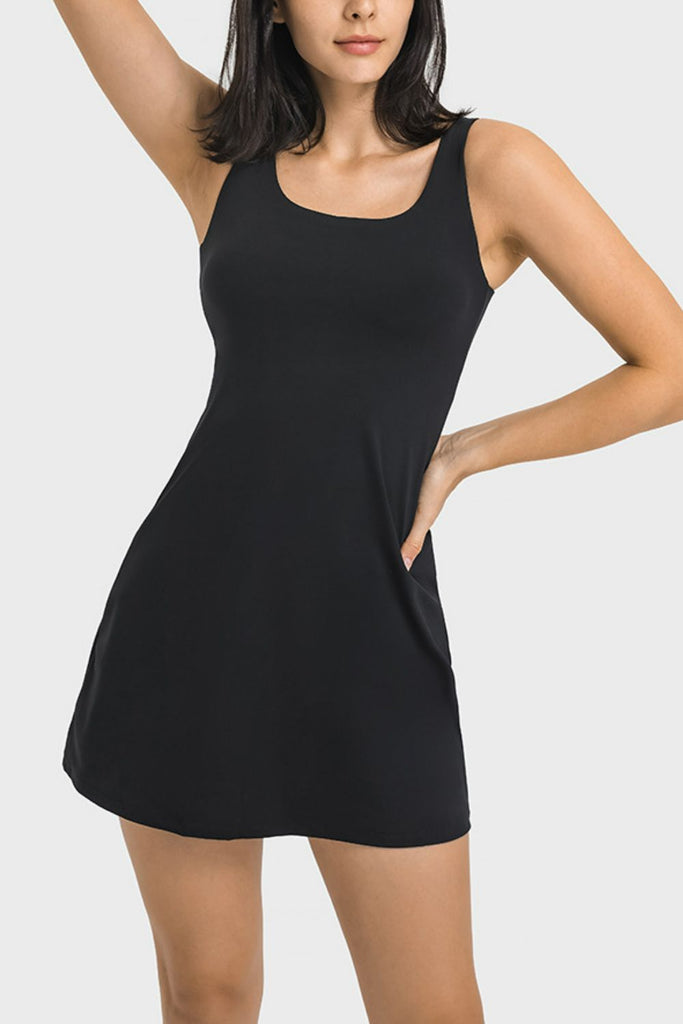 Square Neck Sports Tank Dress with Full Coverage Bottoms Trendsi