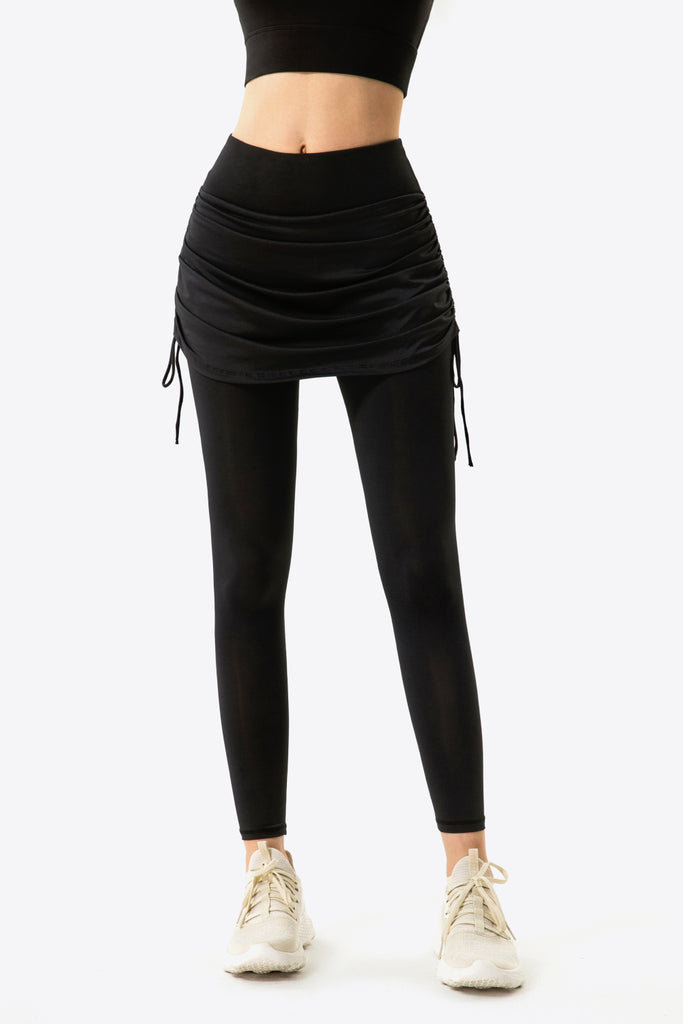 Drawstring Ruched Faux Layered Yoga Leggings Trendsi