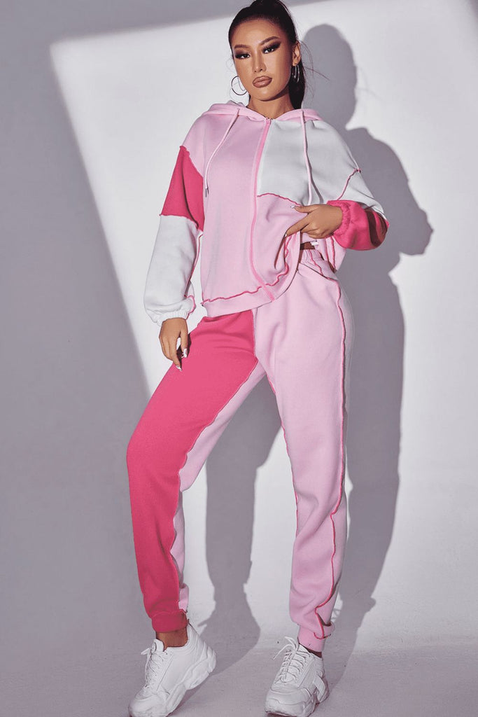 Exposed Seams Color Block Hoodie and Pants Set Trendsi