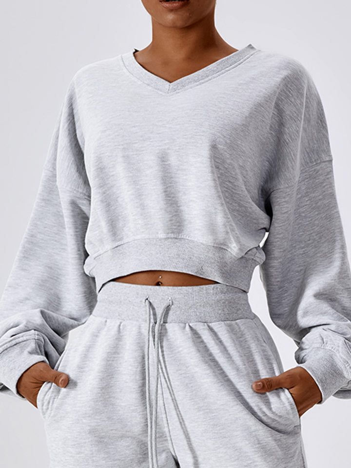 V-Neck Dropped Shoulder Sports Sweatshirt Trendsi