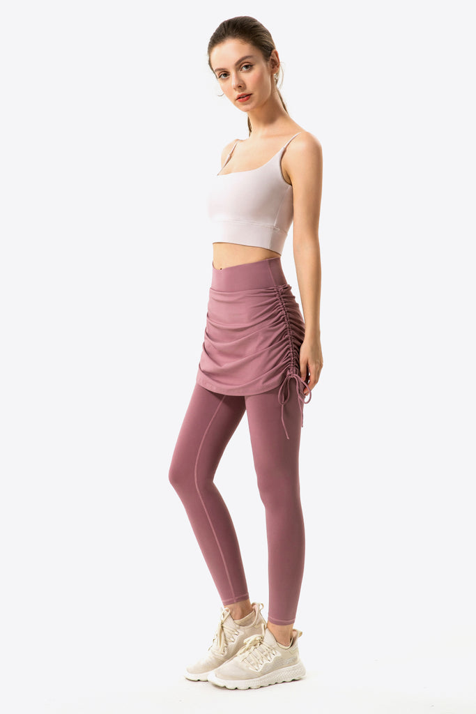 Drawstring Ruched Faux Layered Yoga Leggings Trendsi