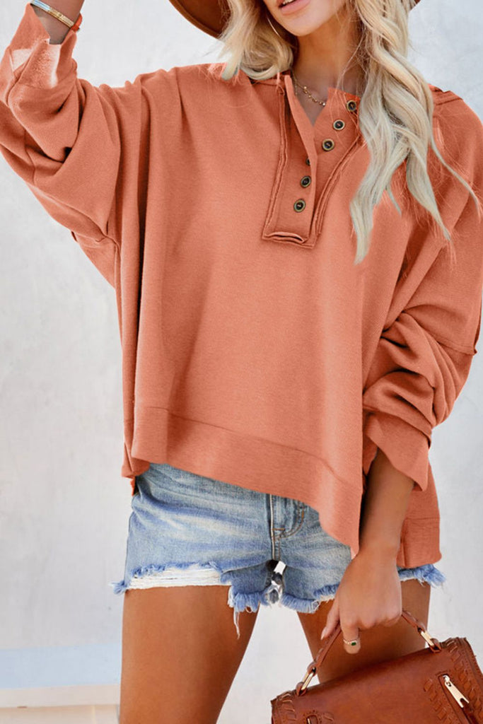 Quarter-Button Exposed Seam Dropped Shoulder Hoodie Trendsi