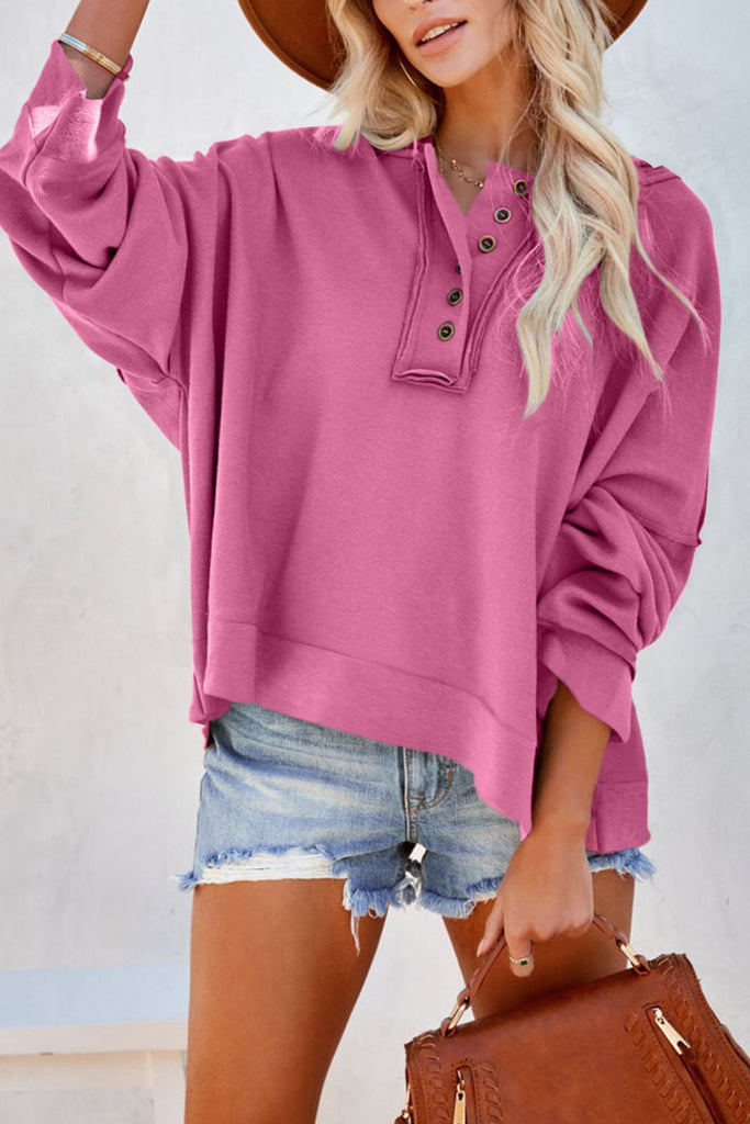 Quarter-Button Exposed Seam Dropped Shoulder Hoodie Trendsi