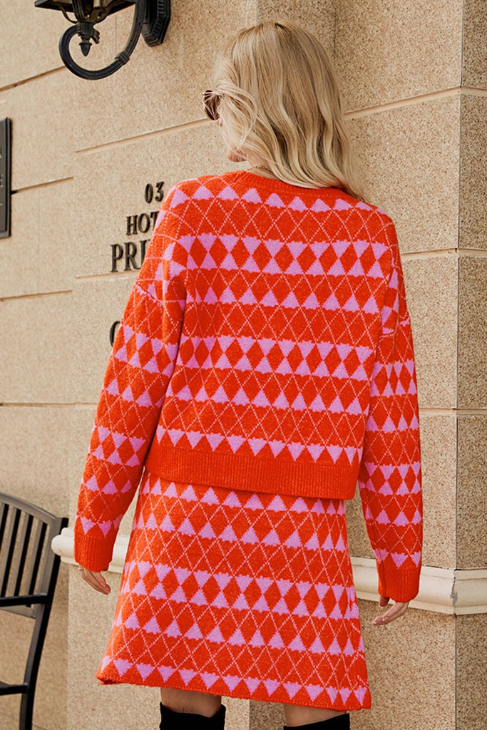 Geometric Dropped Shoulder Cardigan and Knit Skirt Set Trendsi