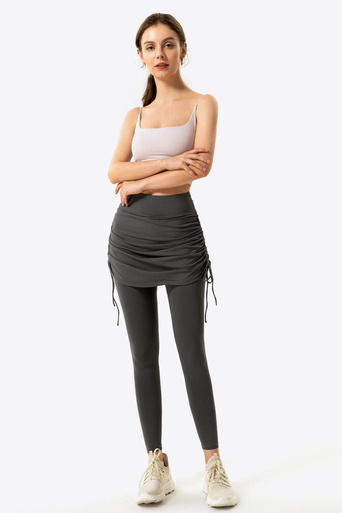 Drawstring Ruched Faux Layered Yoga Leggings Trendsi