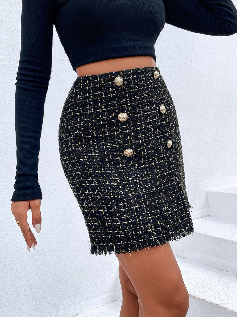 Plaid Double-Breasted Fringe Hem Skirt Trendsi