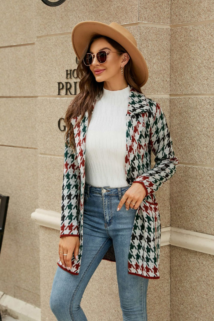 Printed Open Front Lapel Collar Cardigan with Pockets Trendsi