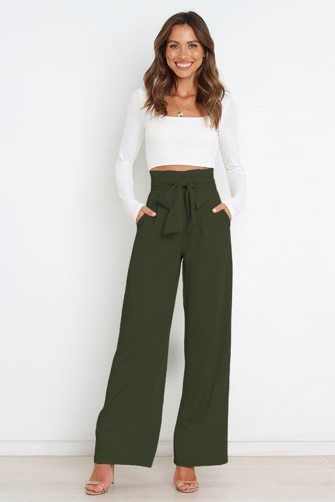 Tie Front Paperbag Wide Leg Pants Trendsi