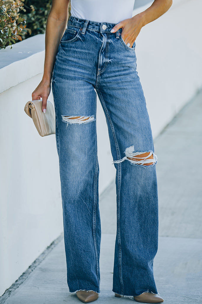 High-Rise Distressed Raw Hem Jeans Trendsi