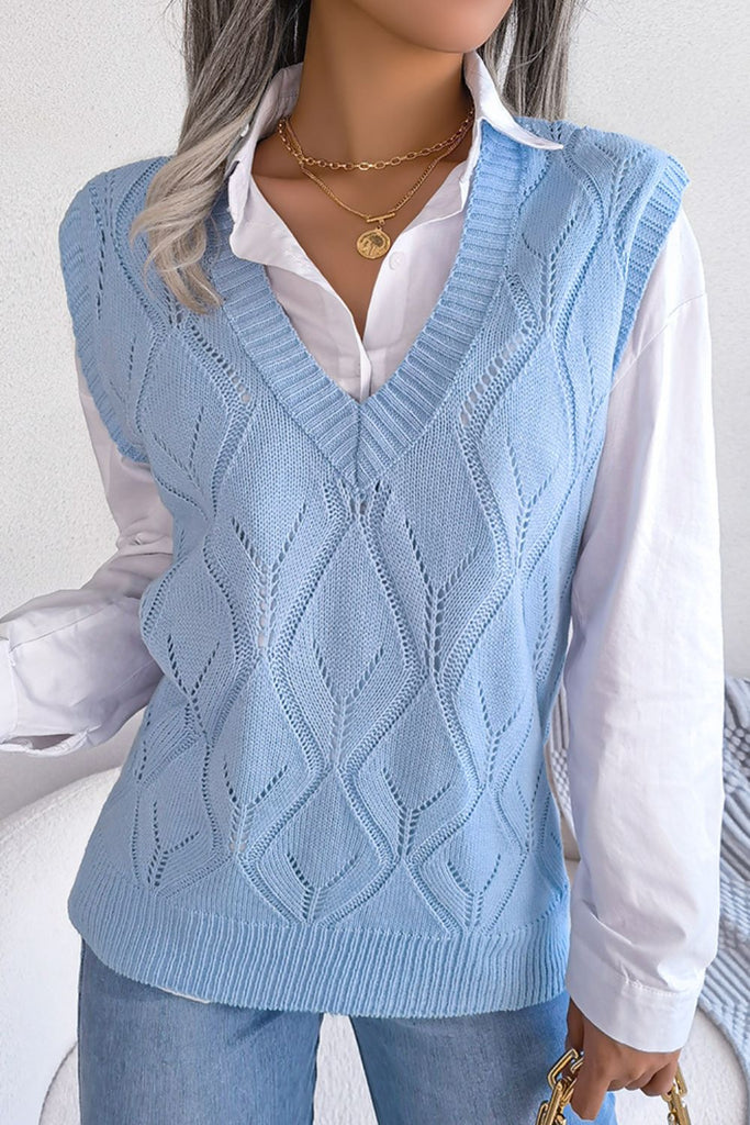 Openwork Ribbed Trim Sweater Vest Trendsi