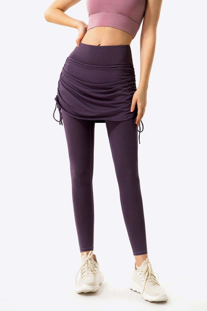 Drawstring Ruched Faux Layered Yoga Leggings Trendsi