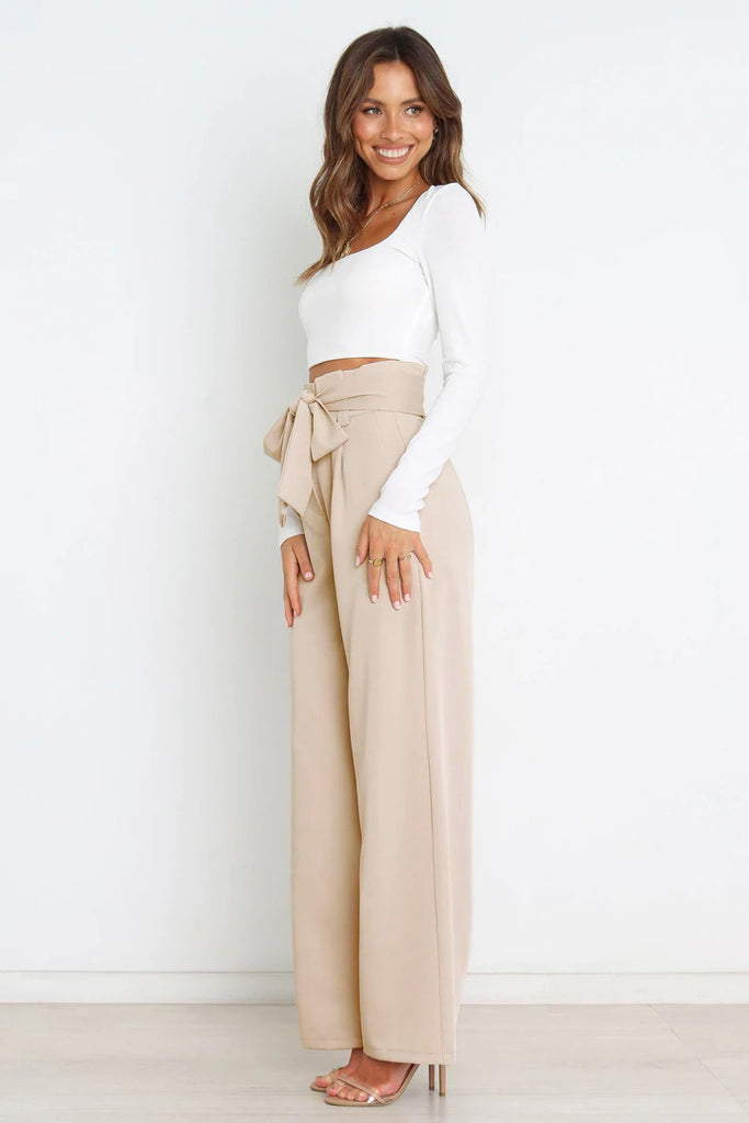 Tie Front Paperbag Wide Leg Pants Trendsi