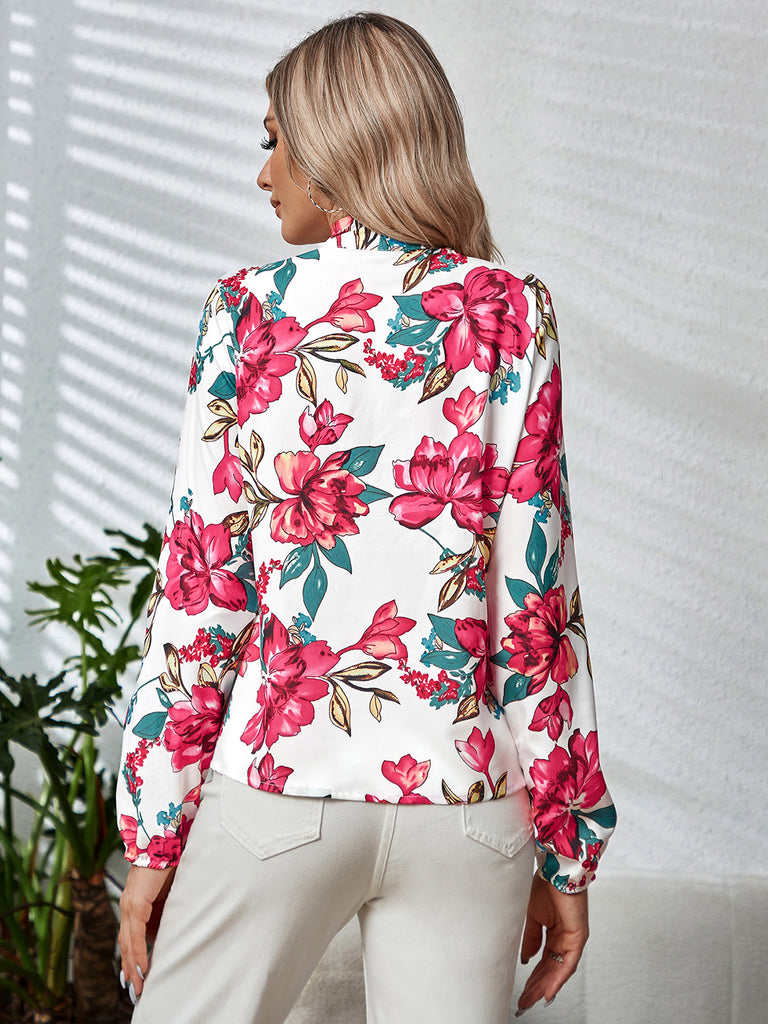 Printed Tie Neck Long Sleeve Blouse Trendsi