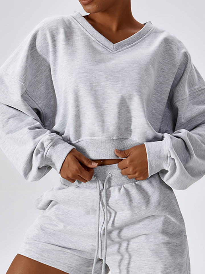 V-Neck Dropped Shoulder Sports Sweatshirt Trendsi