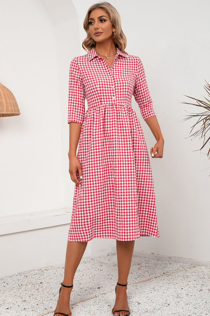 Plaid Collared Neck Midi Dress Trendsi