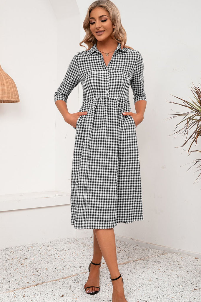 Plaid Collared Neck Midi Dress Trendsi