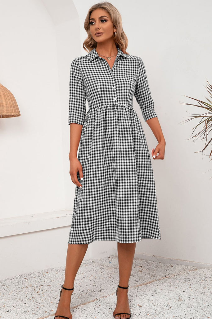 Plaid Collared Neck Midi Dress Trendsi