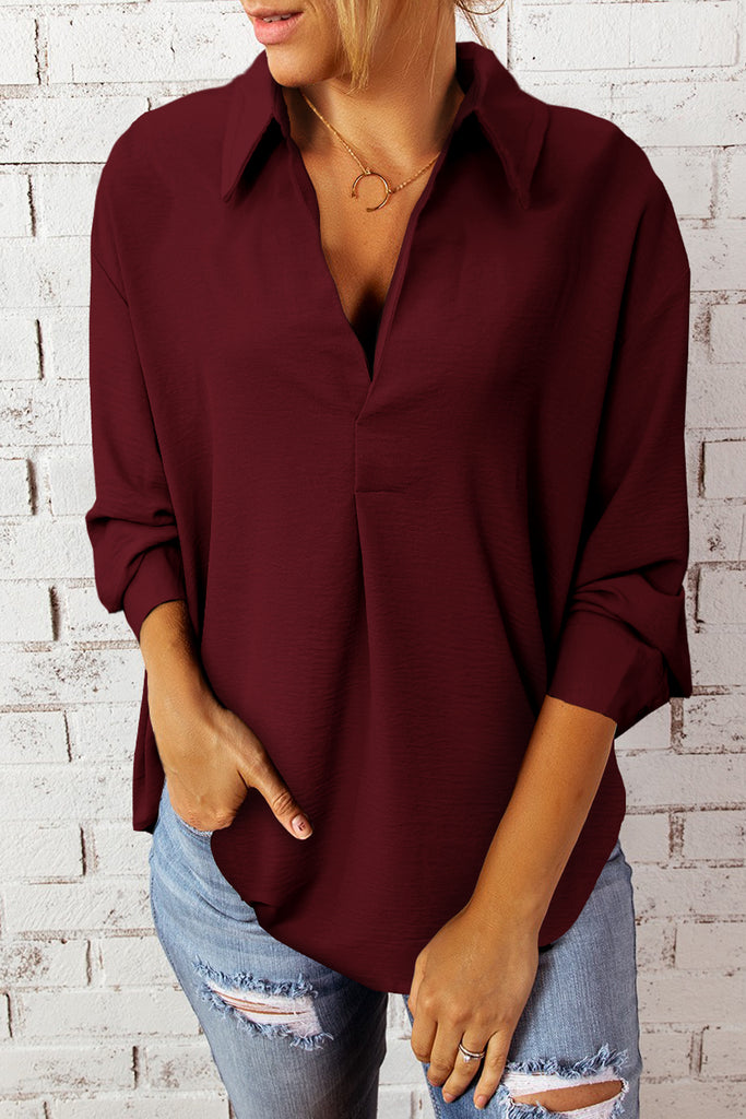 Textured Johnny Collar Three-Quarter Sleeve Blouse Trendsi