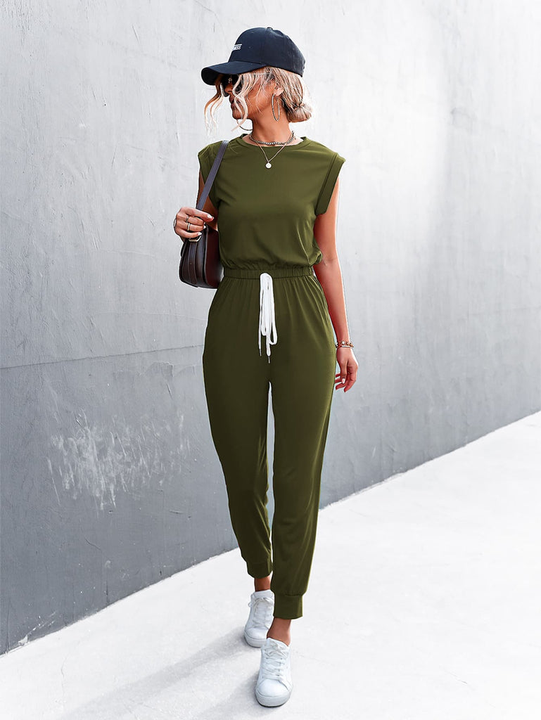 Round Neck Cap Sleeve Jumpsuit Trendsi