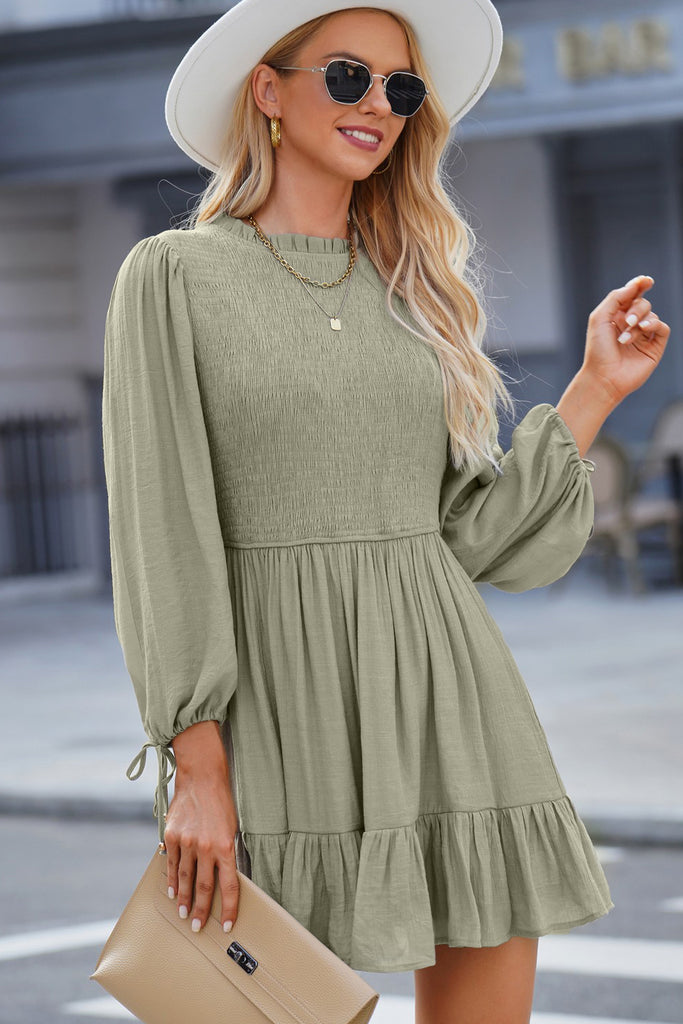 Smocked Tied Balloon Sleeve Mini Dress Trendsi