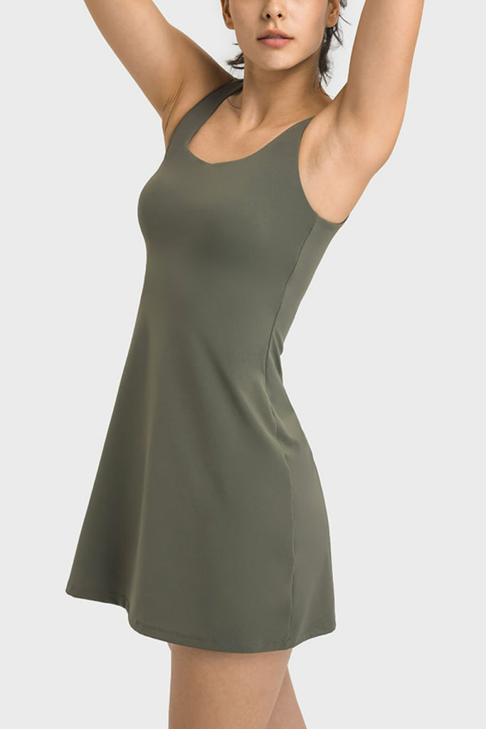 Square Neck Sports Tank Dress with Full Coverage Bottoms Trendsi