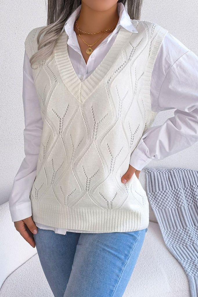 Openwork Ribbed Trim Sweater Vest Trendsi