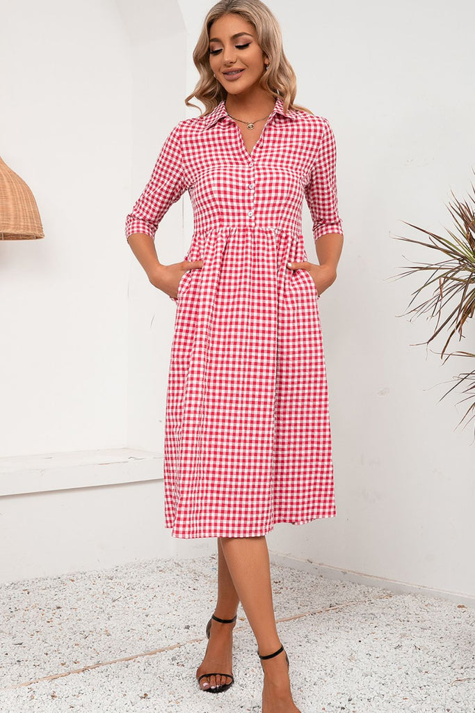 Plaid Collared Neck Midi Dress Trendsi