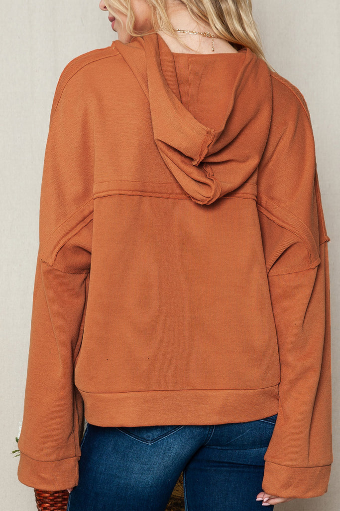 Quarter-Button Exposed Seam Dropped Shoulder Hoodie Trendsi