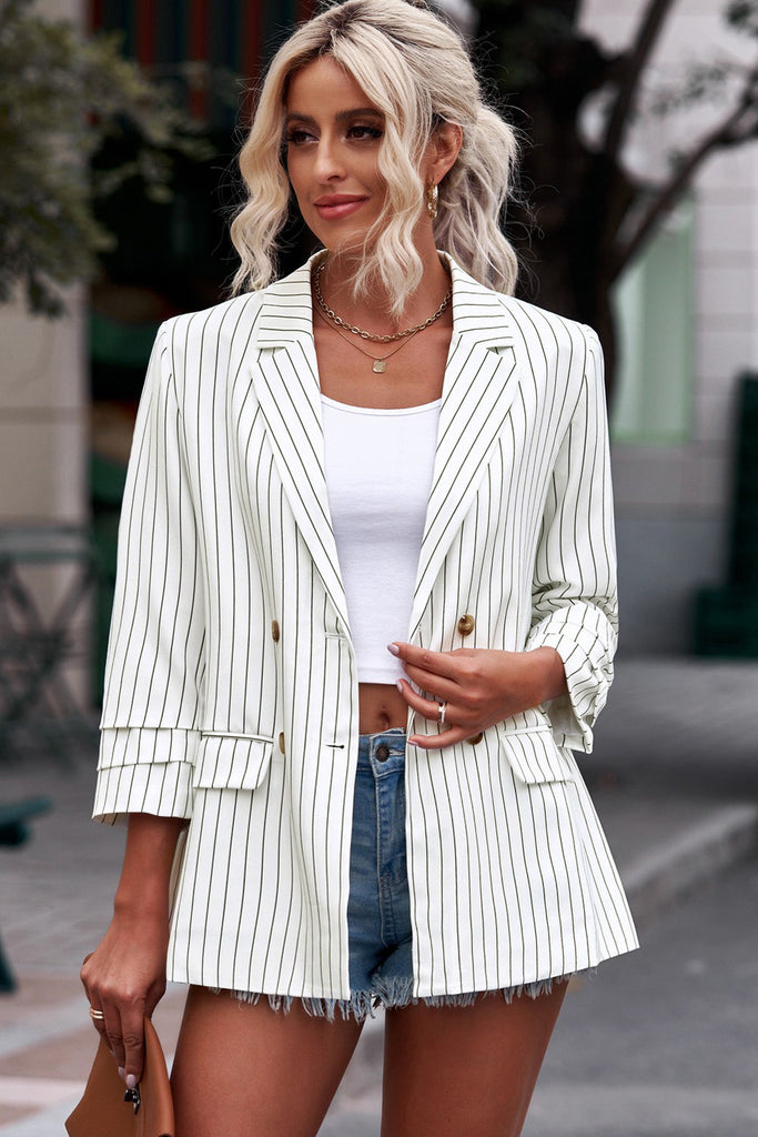 Striped Double-Breasted Long Sleeve Blazer Trendsi