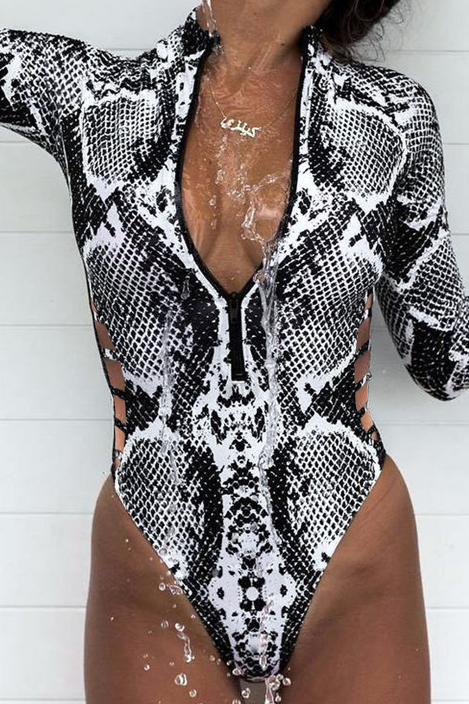 Animal Print Zipper Cut-Out Wetsuit Trendsi