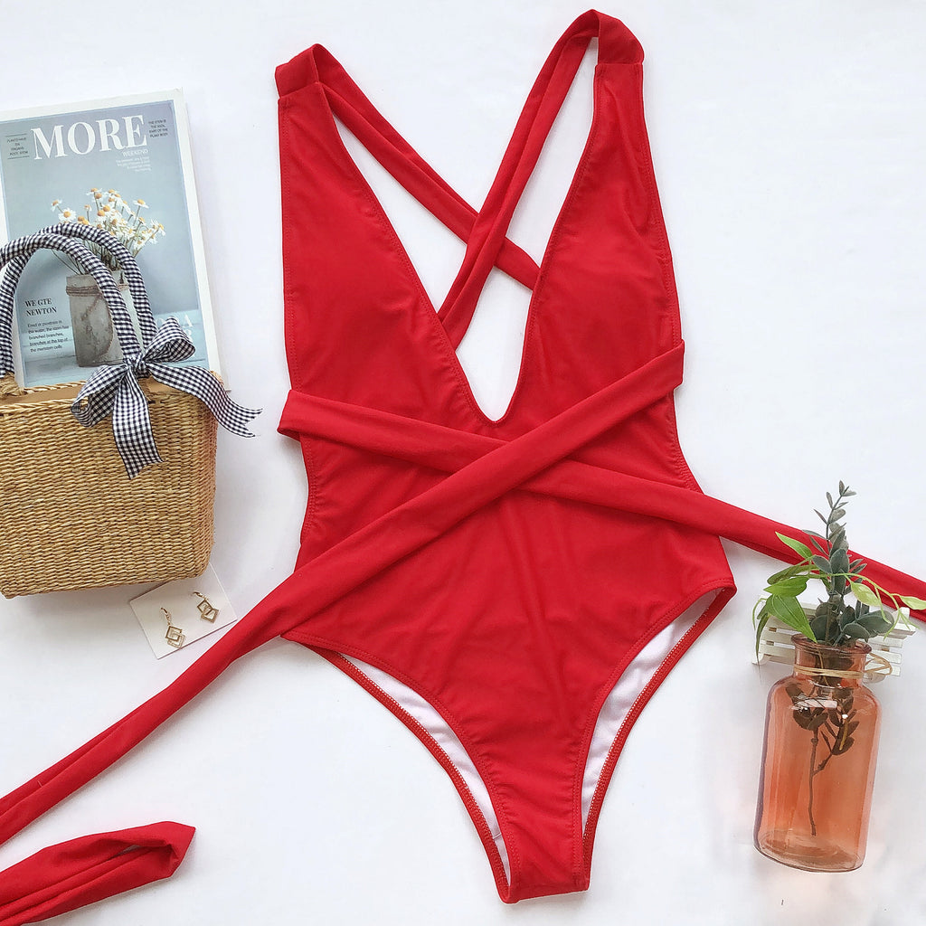 Halter Neck Deep V Tied One-Piece Swimsuit Trendsi