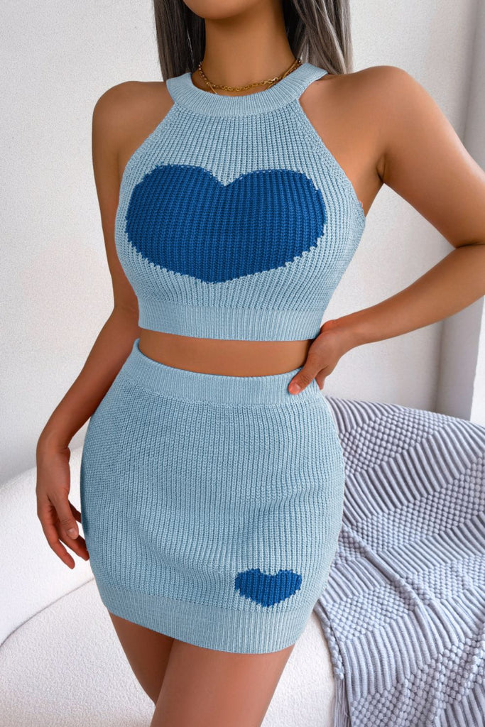 Heart Contrast Ribbed Sleeveless Knit Top and Skirt Set Trendsi