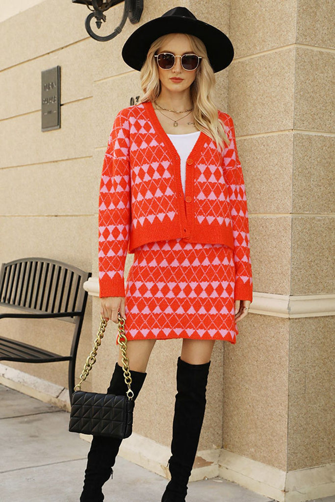 Geometric Dropped Shoulder Cardigan and Knit Skirt Set Trendsi