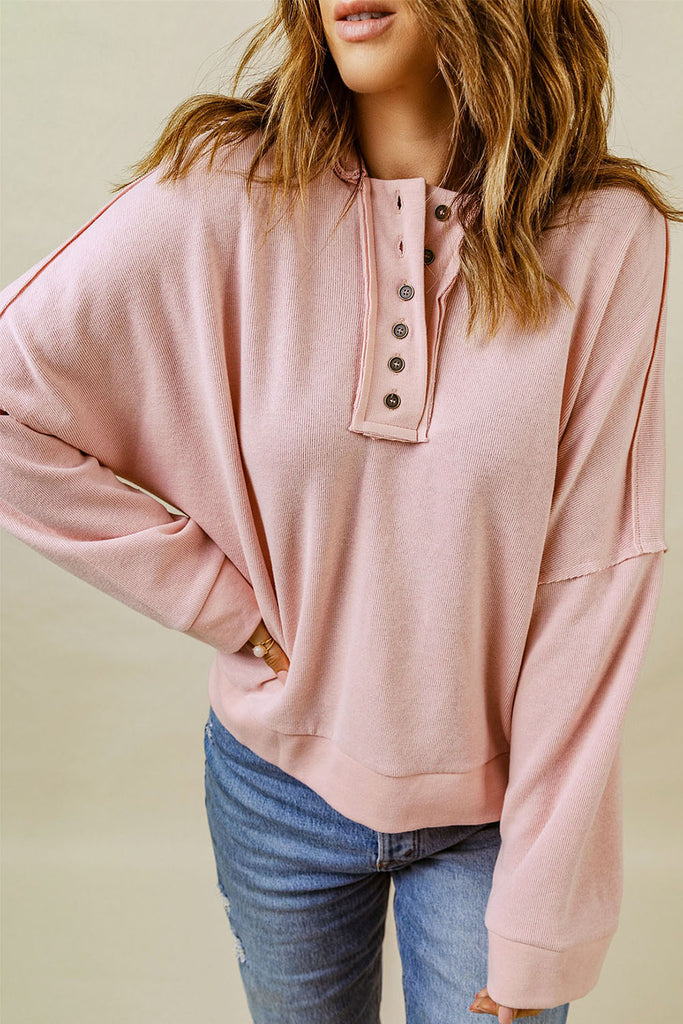 Quarter-Button Exposed Seam Dropped Shoulder Hoodie Trendsi